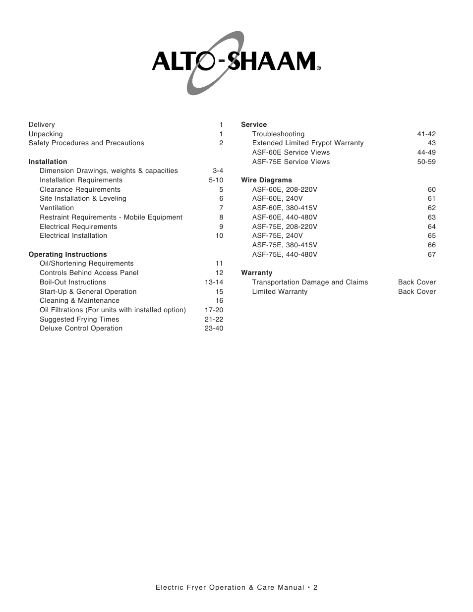 Alto-Shaam FRY TECH ASF-60E User Manual | Page 2 / 70