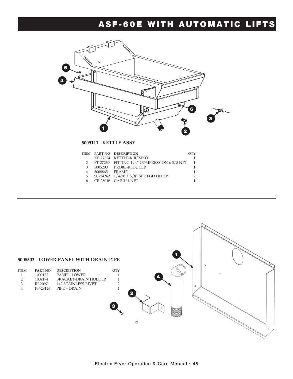 Electric fryer operation & care manual • 45, Item part no description qty | Alto-Shaam FRY TECH ASF-60E User Manual | Page 47 / 70