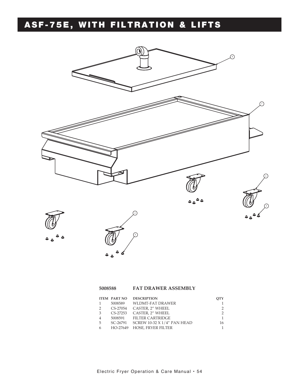 Electric fryer operation & care manual • 54, Item part no description qty | Alto-Shaam FRY TECH ASF-60E User Manual | Page 56 / 70