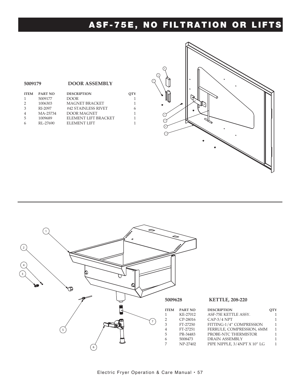 Electric fryer operation & care manual • 57, Item part no description qty, 1f o 1 | Alto-Shaam FRY TECH ASF-60E User Manual | Page 59 / 70