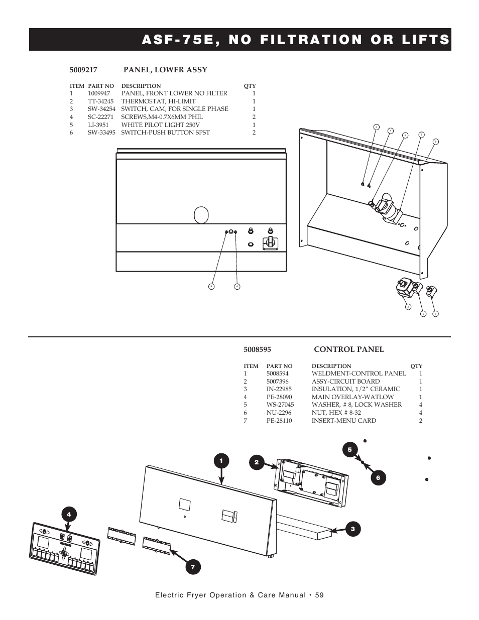 Electric fryer operation & care manual • 59, Item part no description qty | Alto-Shaam FRY TECH ASF-60E User Manual | Page 61 / 70