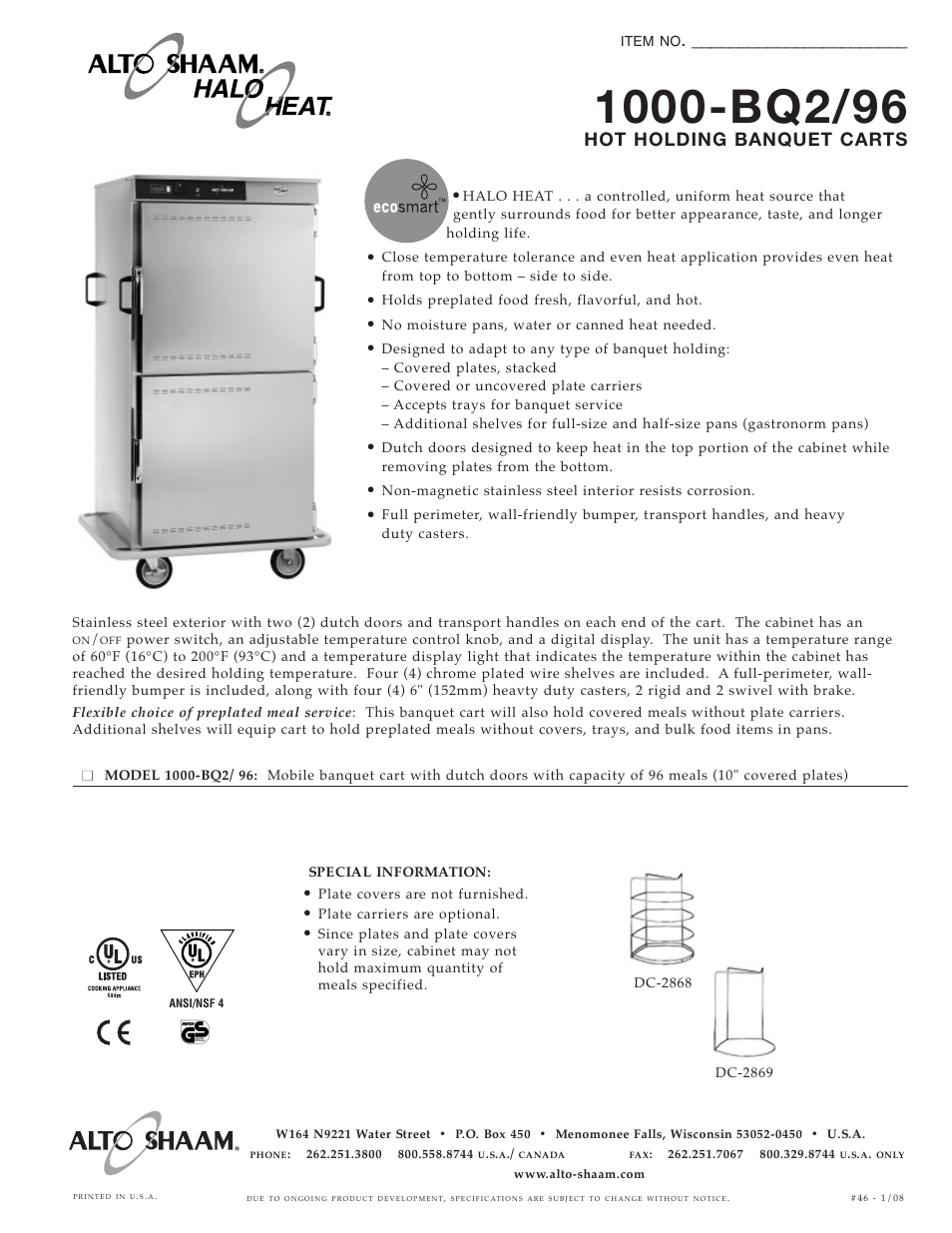 Alto-Shaam Halo Heat 1000-BQ2/96 User Manual | 2 pages