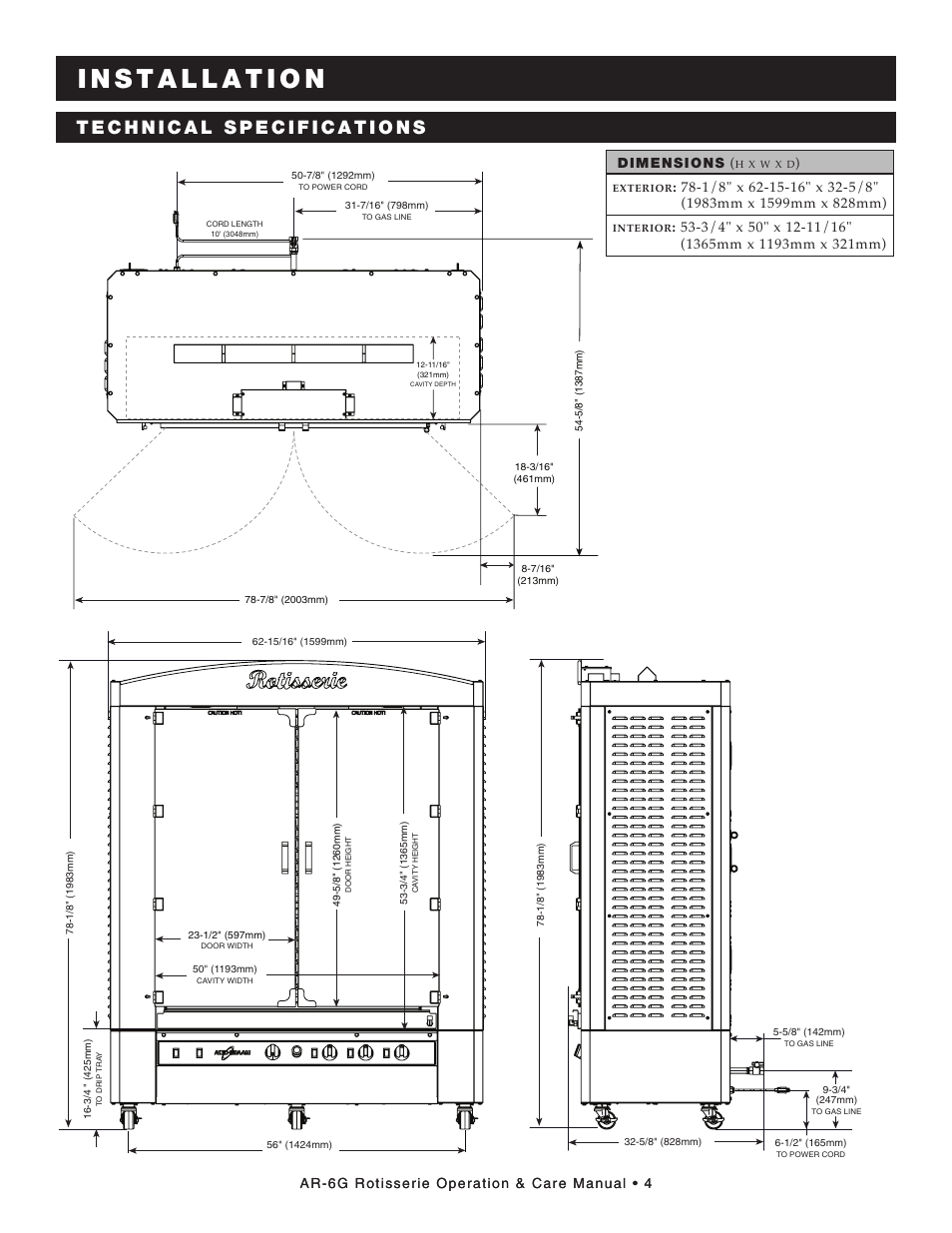 Ar-6g rotisserie operation & care manual • 4, Dimensions | Alto-Shaam AR-6G User Manual | Page 6 / 35