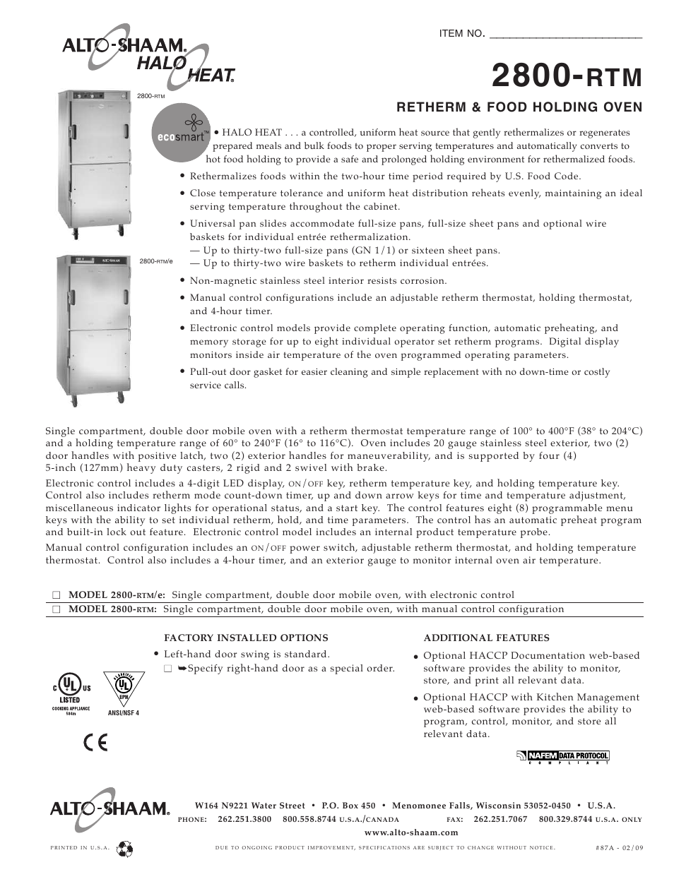 Alto-Shaam 2800-RTM/e User Manual | 2 pages