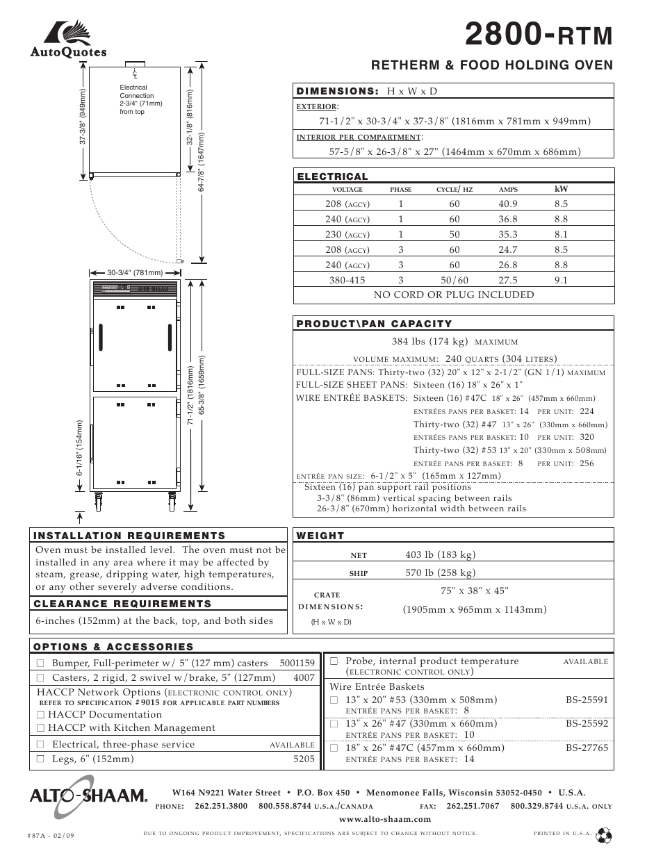 Retherm & food holding oven | Alto-Shaam 2800-RTM/e User Manual | Page 2 / 2