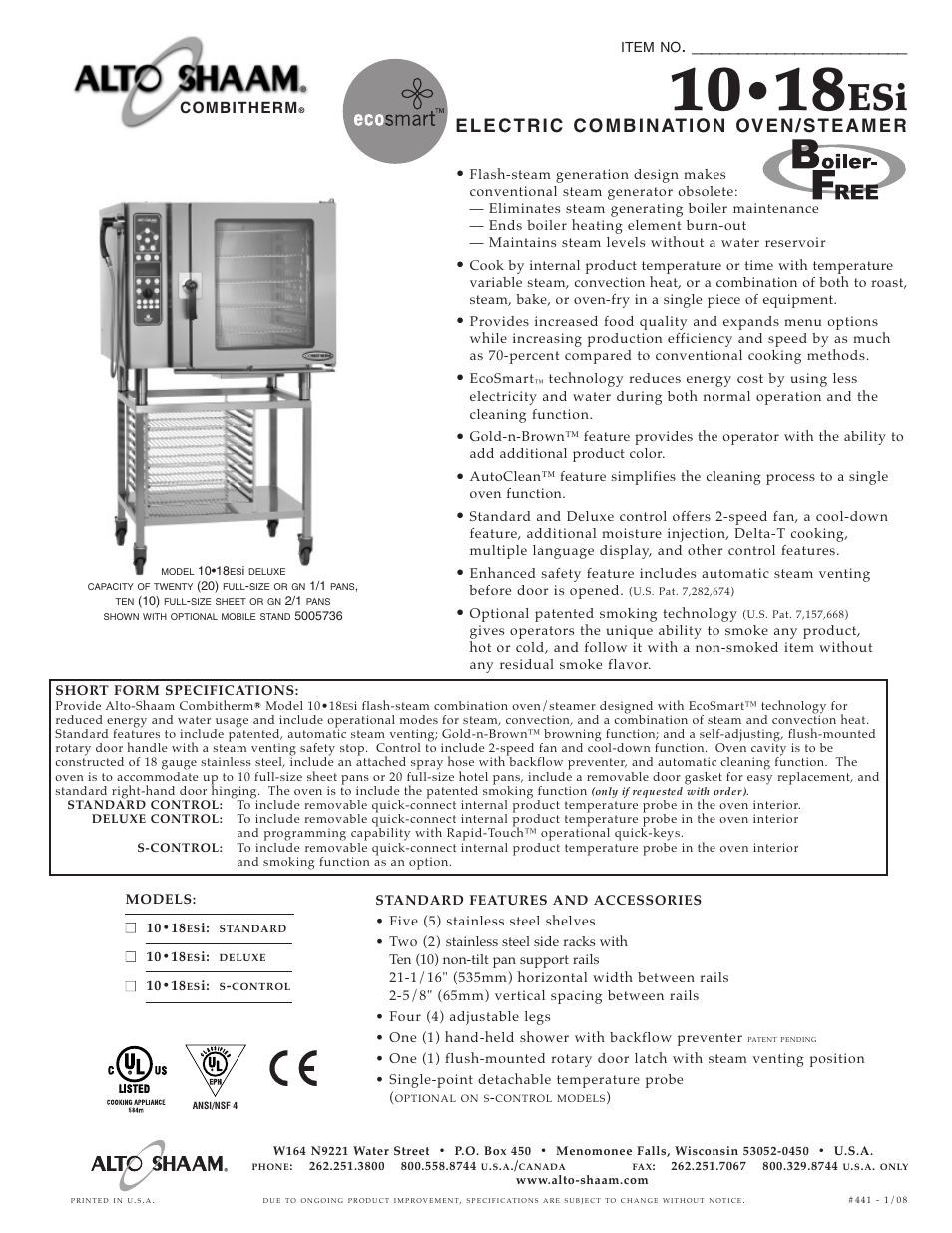 Alto-Shaam 10.18ESi User Manual | 6 pages