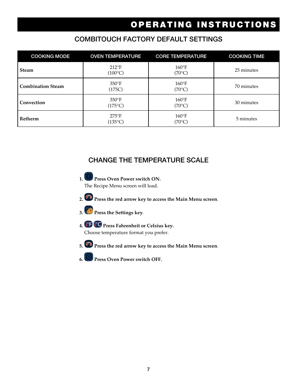 Combitouch factory default settings, Change the temperature scale | Alto-Shaam COMBITOUCH 7.14ES User Manual | Page 9 / 50