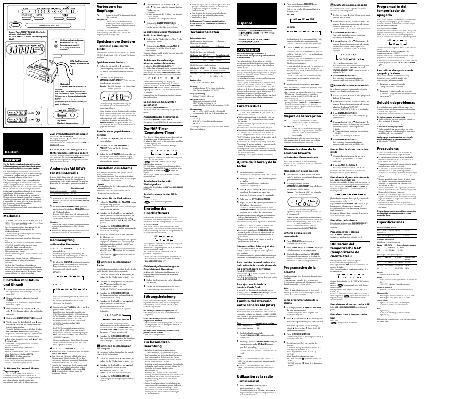 Deutsch, Merkmale, Einstellen von datum und uhrzeit | Ändern des am (mw)- einstellintervalls, Radioempfang, Verbessern des empfangs, Speichern von sendern, Einstellen des alarms, Der nap-timer (countdown-timer), Einstellen des einschlaftimers | Sony ICF-C273L User Manual | Page 2 / 2