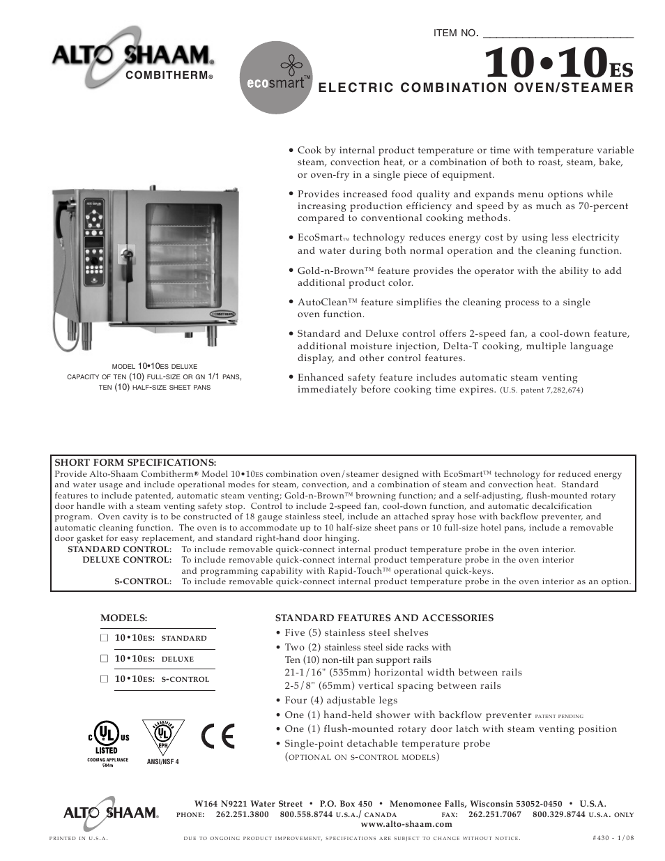 Alto-Shaam Combitherm 10 10ES User Manual | 6 pages