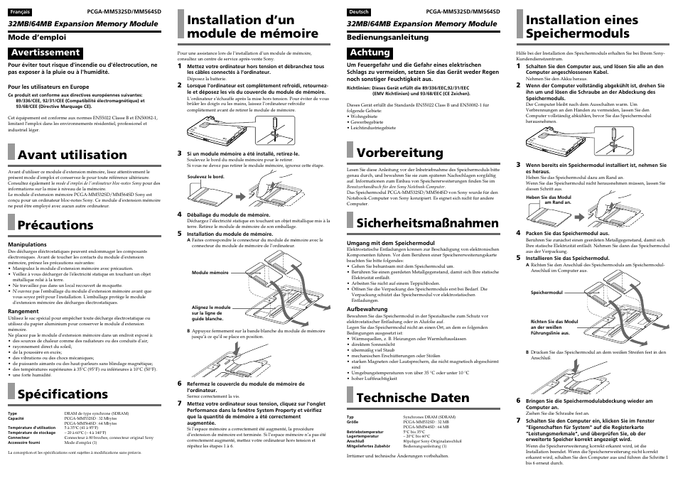 Installation eines speichermoduls, Installation d’un module de mémoire, Vorbereitung | Sicherheitsmaßnahmen, Technische daten, Avant utilisation, Précautions, Spécifications, Achtung, Avertissement | Sony PCGE-MM128 User Manual | Page 2 / 2