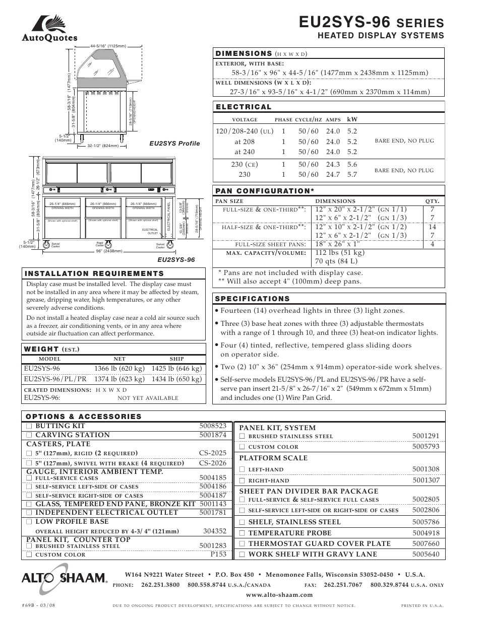 Eu2sys-96, Series, Heated display systems | Cs-2025, Cs-2026 gauge, interior ambient temp, P153 panel kit, system, Sys-96, 5" (127mm), Eu2sys-96 eu2sys profile | Alto-Shaam EU2SYS-96 User Manual | Page 2 / 2