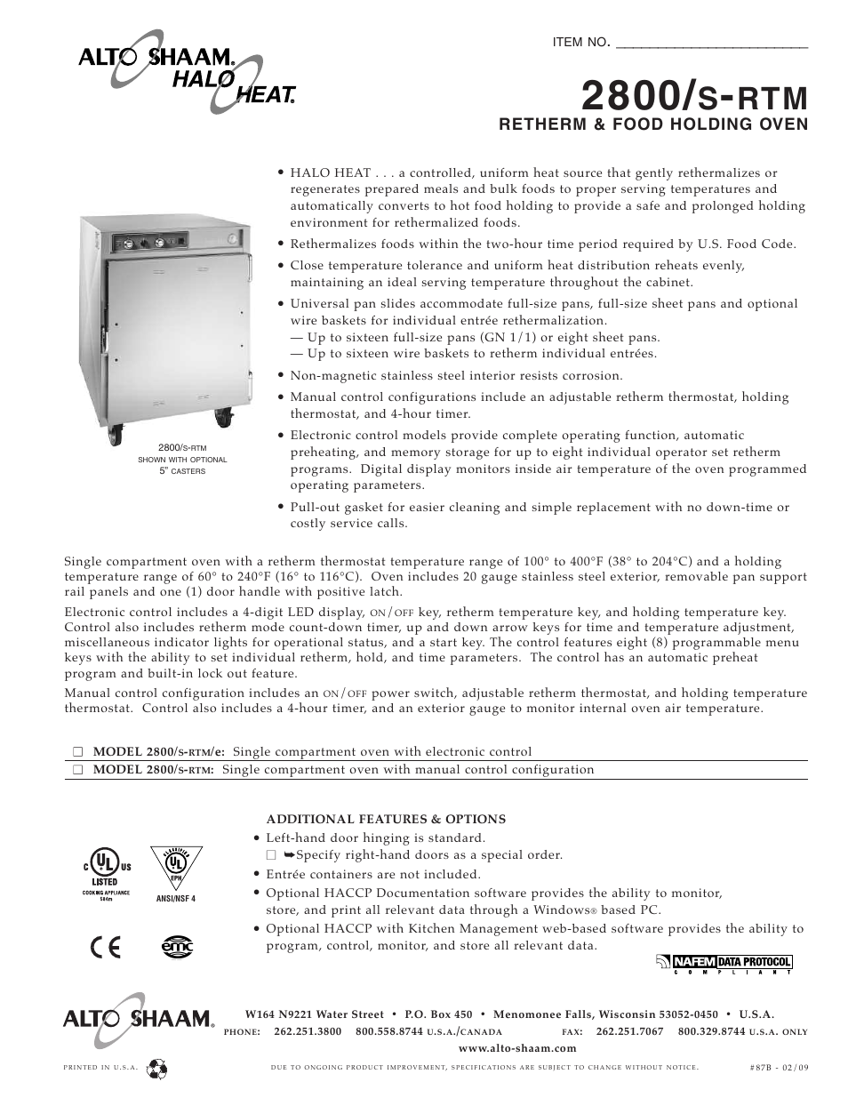 Alto-Shaam 2800/s-RTM User Manual | 2 pages