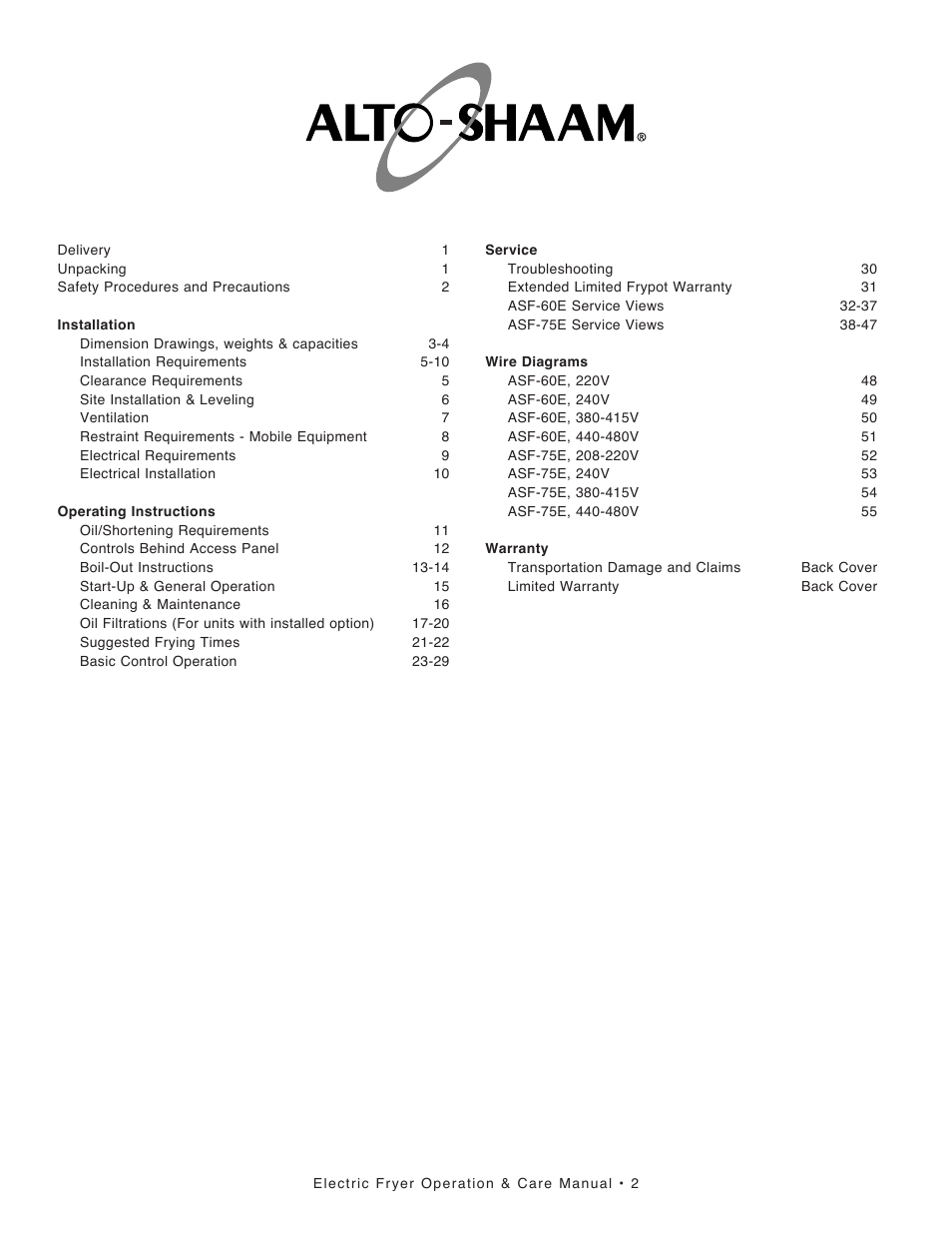 Alto-Shaam FRYTECH SERIES ASF-75E User Manual | Page 2 / 58