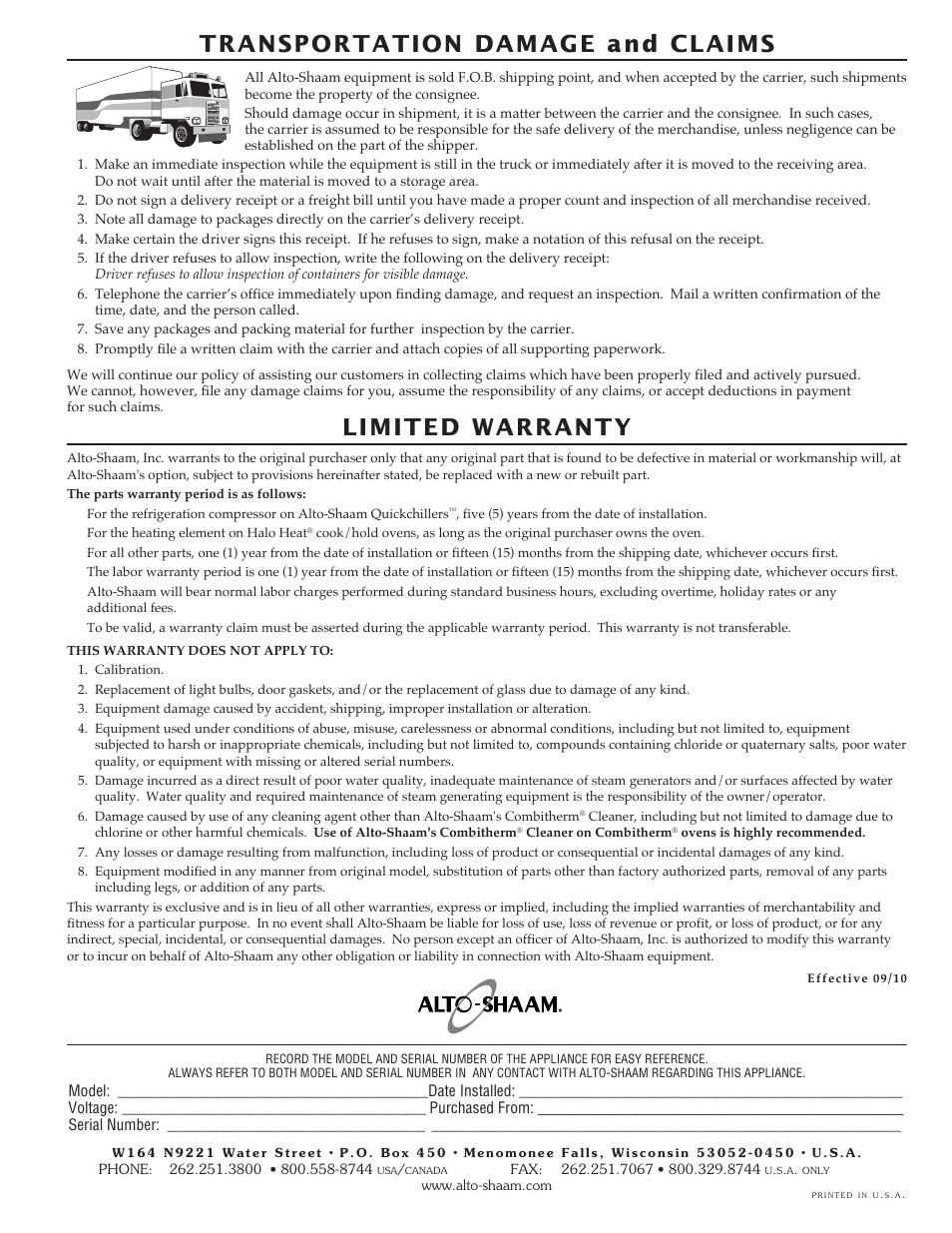 Transportation damage and claims, Limited warranty | Alto-Shaam FRYTECH SERIES ASF-75E User Manual | Page 58 / 58