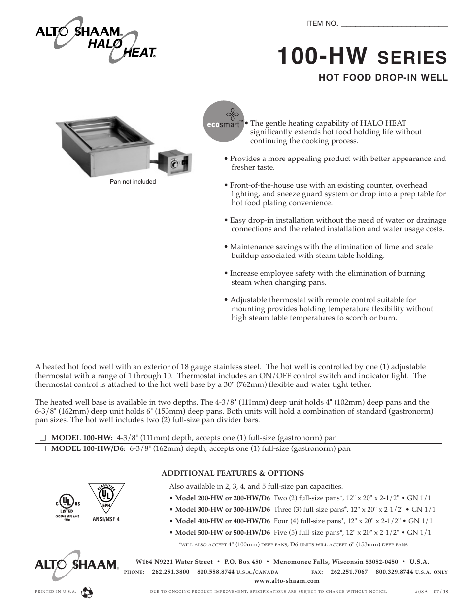 Alto-Shaam Halo Heat 100-HW SERIES User Manual | 2 pages