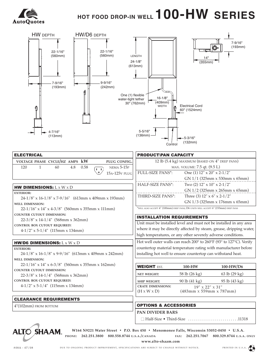 Series, Hot food drop-in well, Hw/d6 | Alto-Shaam Halo Heat 100-HW SERIES User Manual | Page 2 / 2