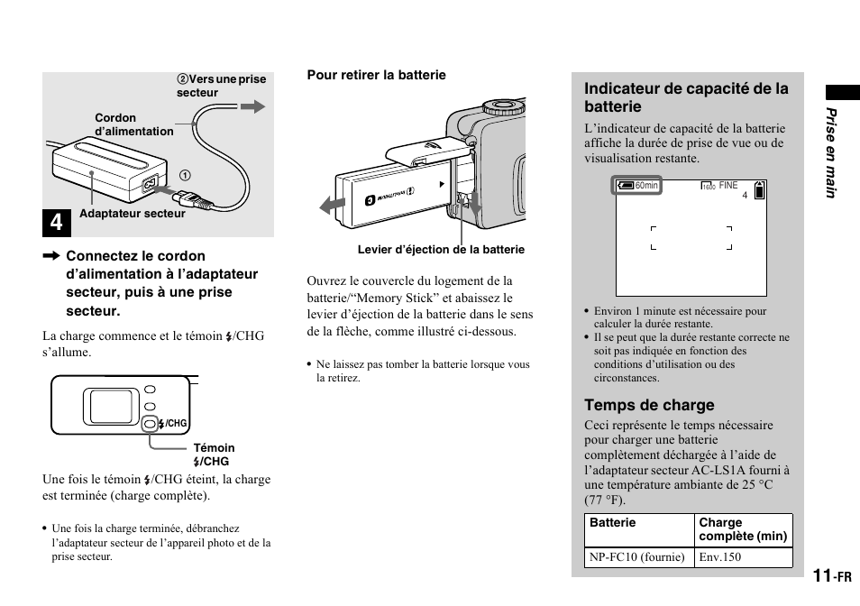 Indicateur de capacité de la batterie, Temps de charge | Sony DSC-P2 User Manual | Page 11 / 208