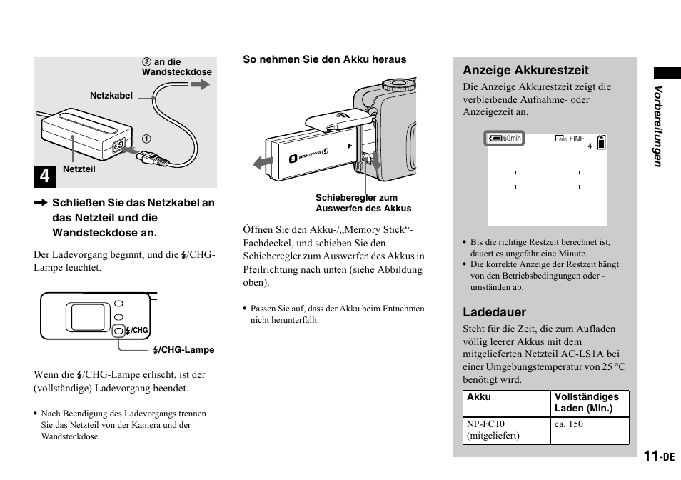 Anzeige akkurestzeit, Ladedauer | Sony DSC-P2 User Manual | Page 113 / 208