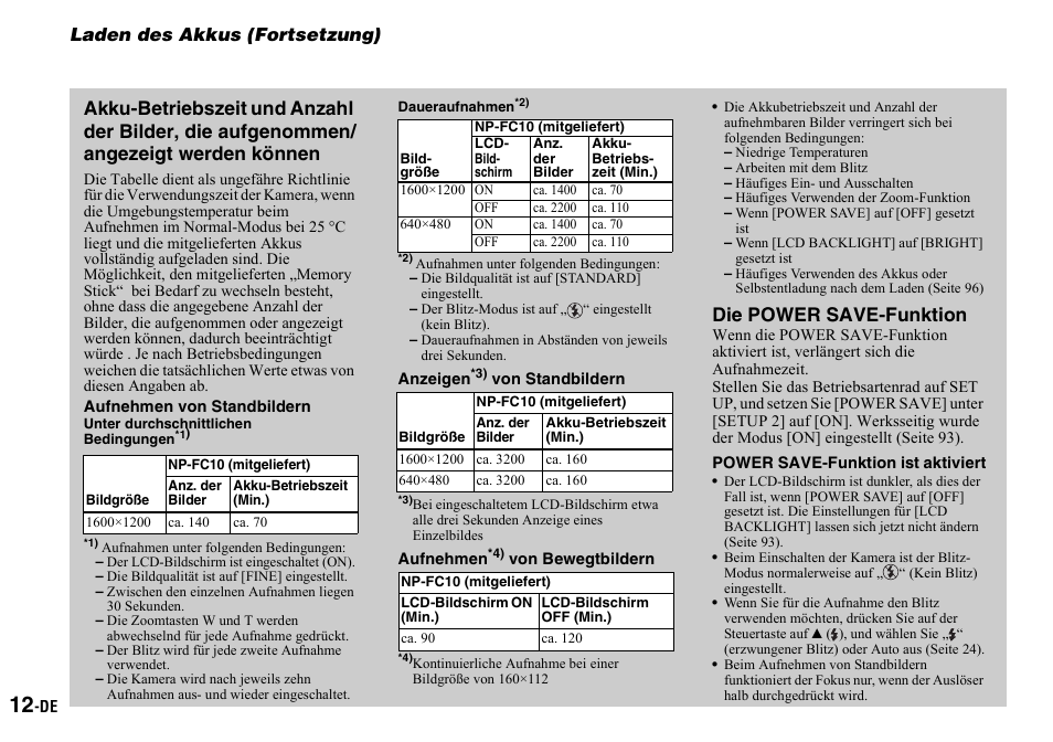 Laden des akkus (fortsetzung), Die power save-funktion | Sony DSC-P2 User Manual | Page 114 / 208