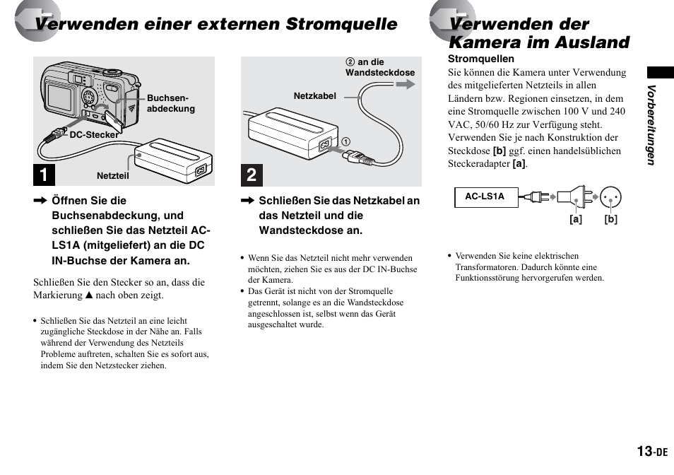 Verwenden einer externen stromquelle, Verwenden der kamera im ausland, Verwenden einer externen | Stromquelle | Sony DSC-P2 User Manual | Page 115 / 208