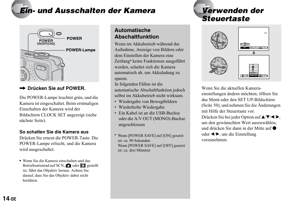 Ein- und ausschalten der kamera, Verwenden der steuertaste, Automatische abschaltfunktion | Sony DSC-P2 User Manual | Page 116 / 208
