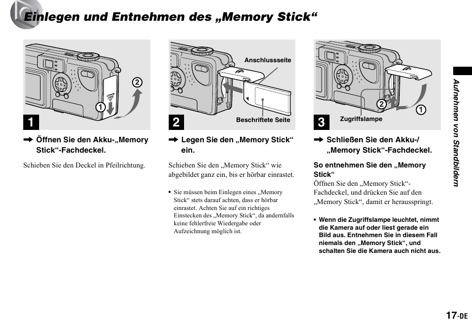 Einlegen und entnehmen des „memory stick, Einlegen und entnehmen des, Memory stick | Aufnehmen von standbildern | Sony DSC-P2 User Manual | Page 119 / 208