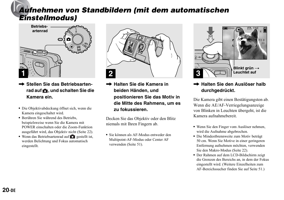 Aufnehmen von standbildern (mit dem, Automatischen einstellmodus) | Sony DSC-P2 User Manual | Page 122 / 208