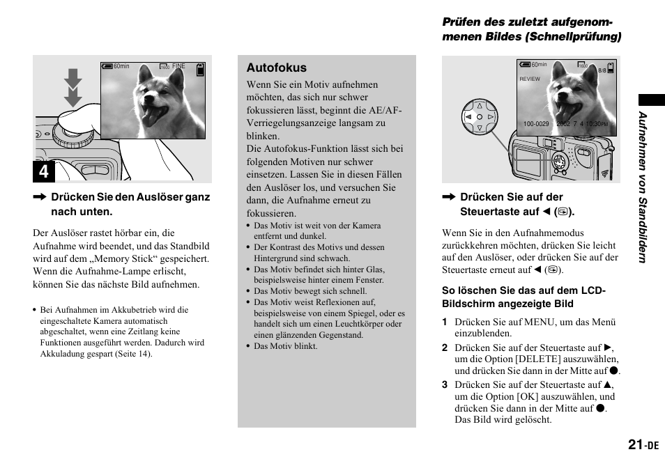 1 drücken sie auf menu, um das menü einzublenden, Prüfen des zuletzt aufgenommenen, Bildes (schnellprüfung) | Autofokus | Sony DSC-P2 User Manual | Page 123 / 208