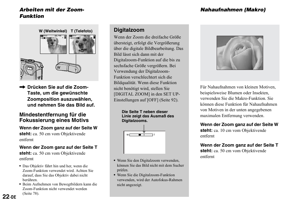 Arbeiten mit der zoom-funktion, Nahaufnahmen (makro), Seite 22) | Seite 22, Digitalzoom, Arbeiten mit der zoom- funktion | Sony DSC-P2 User Manual | Page 124 / 208