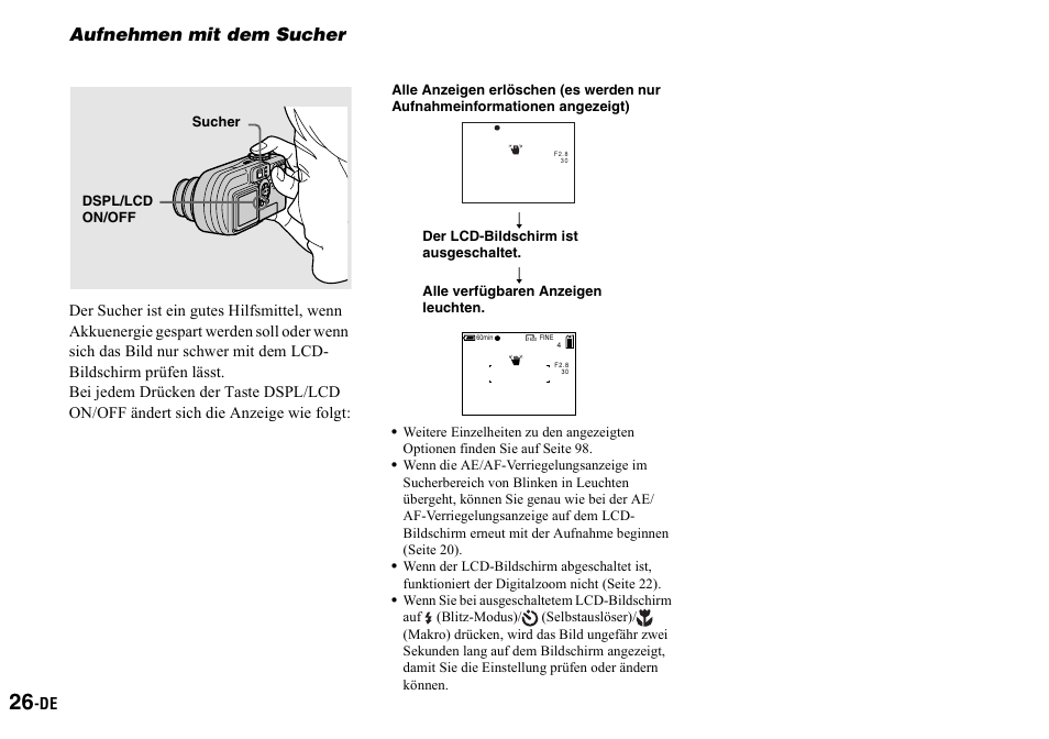 Aufnehmen mit dem sucher | Sony DSC-P2 User Manual | Page 128 / 208