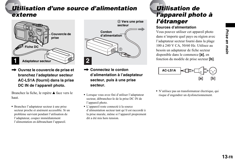 Utilisation d’une source d’alimentation externe, Utilisation de l’appareil photo à l’étranger, Utilisation d’une source d’alimentation | Externe, Utilisation de l’appareil photo, À l’étranger | Sony DSC-P2 User Manual | Page 13 / 208