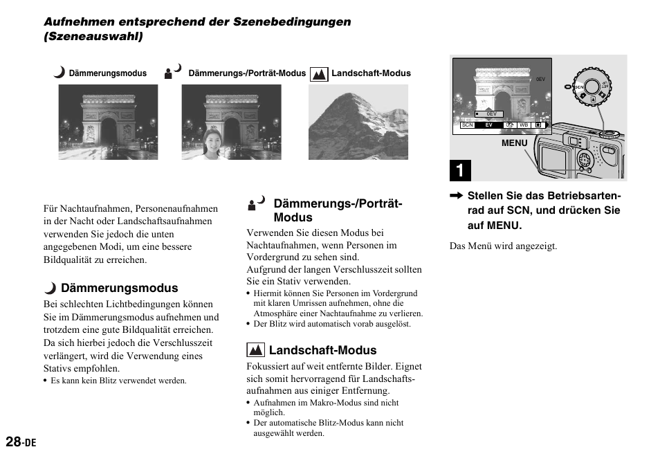 Aufnehmen entsprechend der, Szenebedingungen (szeneauswahl), Dämmerungsmodus | Dämmerungs-/porträt- modus, Landschaft-modus | Sony DSC-P2 User Manual | Page 130 / 208