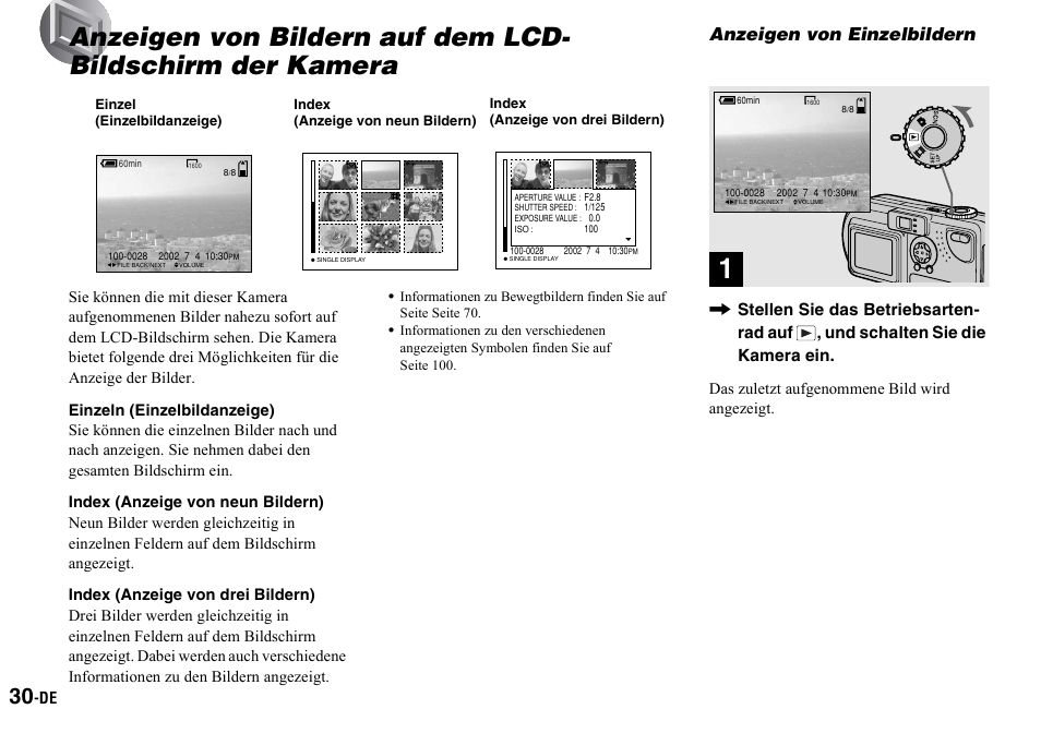 Anzeigen von einzelbildern, Anzeigen von bildern auf dem lcd, Bildschirm der kamera | Anzeigen von standbildern | Sony DSC-P2 User Manual | Page 132 / 208