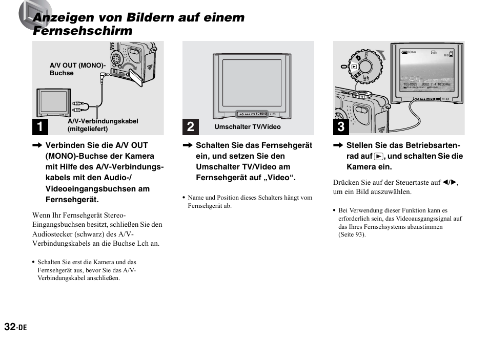 Anzeigen von bildern auf einem fernsehschirm, Anzeigen von bildern auf einem, Fernsehschirm | Sony DSC-P2 User Manual | Page 134 / 208