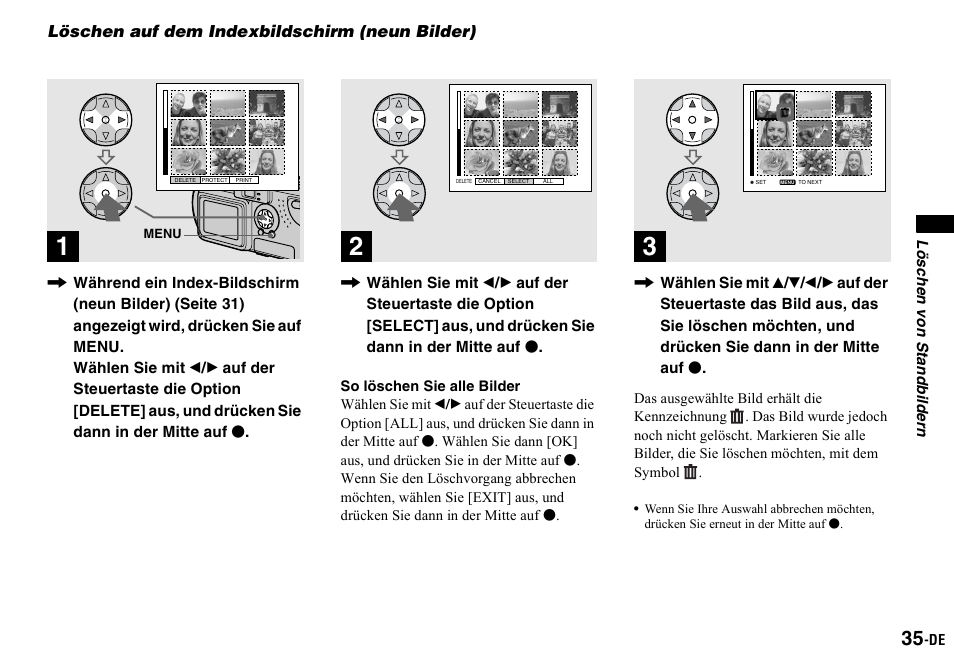 Löschen auf dem indexbildschirm (neun bilder), Löschen auf dem indexbildschirm, Neun bilder) | Sony DSC-P2 User Manual | Page 137 / 208
