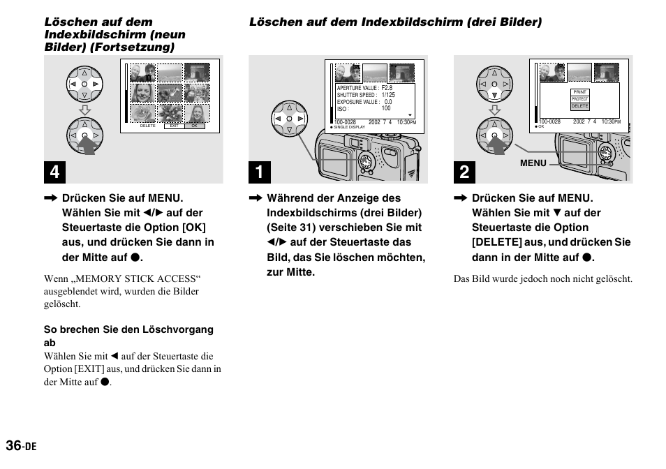 Löschen auf dem indexbildschirm (drei bilder), Löschen auf dem indexbildschirm, Drei bilder) | Sony DSC-P2 User Manual | Page 138 / 208