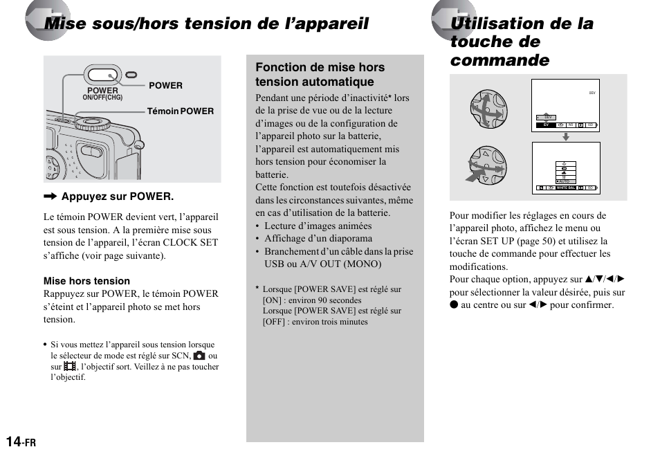 Mise sous/hors tension de l’appareil, Fonction de mise hors tension automatique, Utilisation de la touche de commande | Sony DSC-P2 User Manual | Page 14 / 208