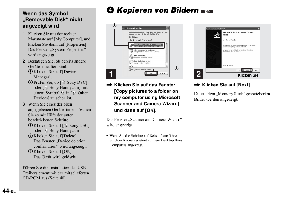 1 klicken sie auf [device manager, 1 klicken sie auf [ sony dsc] oder [ sony handycam, 2 klicken sie auf [delete | 3 klicken sie auf [ok, 4 kopieren von bildern, 4kopieren von bildern | Sony DSC-P2 User Manual | Page 146 / 208