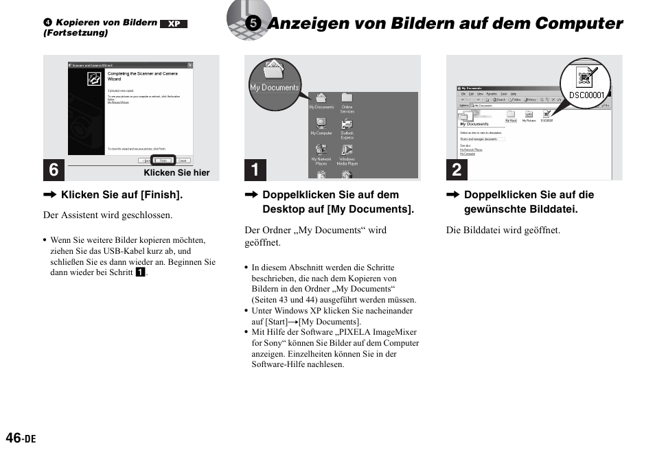 4 kopieren von bildern (fortsetzung), 5 anzeigen von bildern auf dem computer, S 46) | 5anzeigen von bildern auf dem computer | Sony DSC-P2 User Manual | Page 148 / 208
