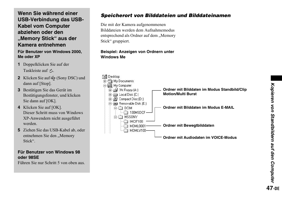 1 doppelklicken sie auf der taskleiste auf, 2 klicken sie auf (sony dsc) und dann auf [stop, Speicherort von bilddateien und bilddateinamen | Sony DSC-P2 User Manual | Page 149 / 208