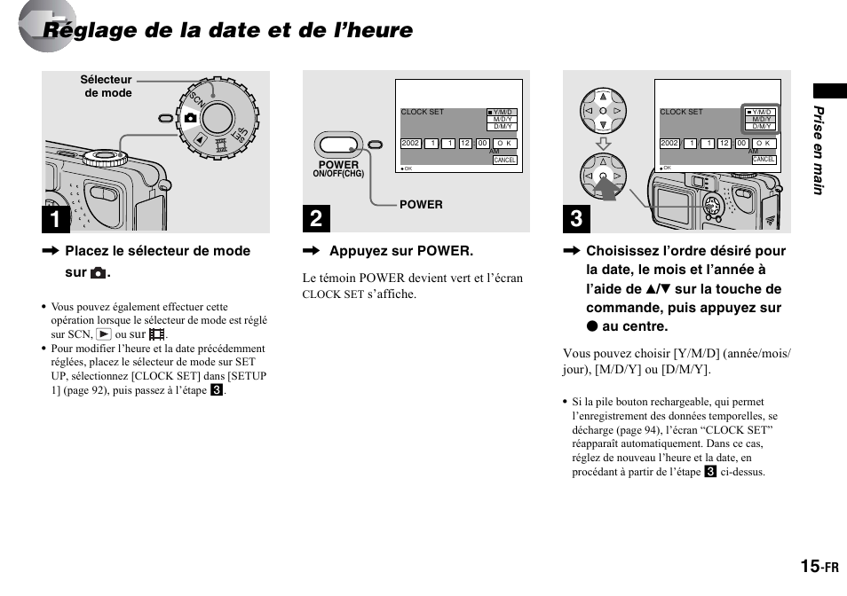 Réglage de la date et de l’heure | Sony DSC-P2 User Manual | Page 15 / 208