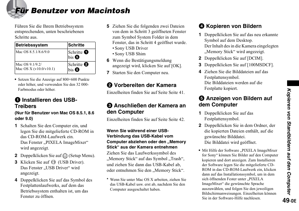 Für benutzer von macintosh, 2 doppelklicken sie auf (setup menu), 3 klicken sie auf (usb driver) | 7 starten sie den computer neu, 2 doppelklicken sie auf [dcim, 3 doppelklicken sie auf [100msdcf, 1 doppelklicken sie auf das festplattensymbol | Sony DSC-P2 User Manual | Page 151 / 208
