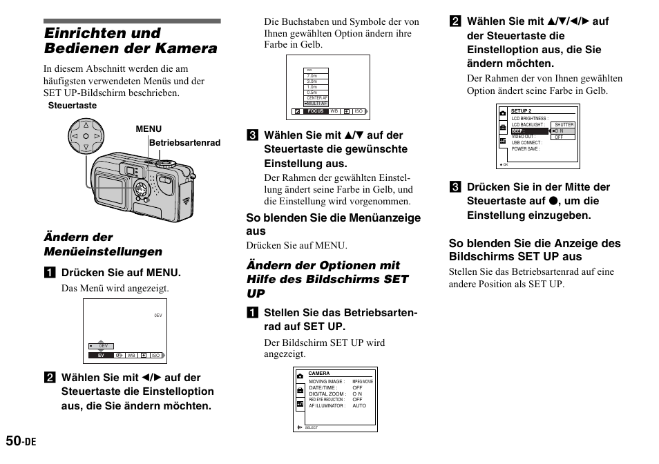 Einrichten und bedienen der kamera, Ändern der menüeinstellungen, A drücken sie auf menu | A stellen sie das betriebsarten- rad auf set up, Bildschirms set up, Vor der ausführung weiterer funktionen, So blenden sie die menüanzeige aus | Sony DSC-P2 User Manual | Page 152 / 208