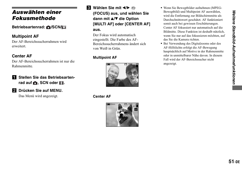 Auswählen einer fokusmethode, B drücken sie auf menu, Multipoint af | Center af, Weitere standbild- aufnahmefunktionen | Sony DSC-P2 User Manual | Page 153 / 208