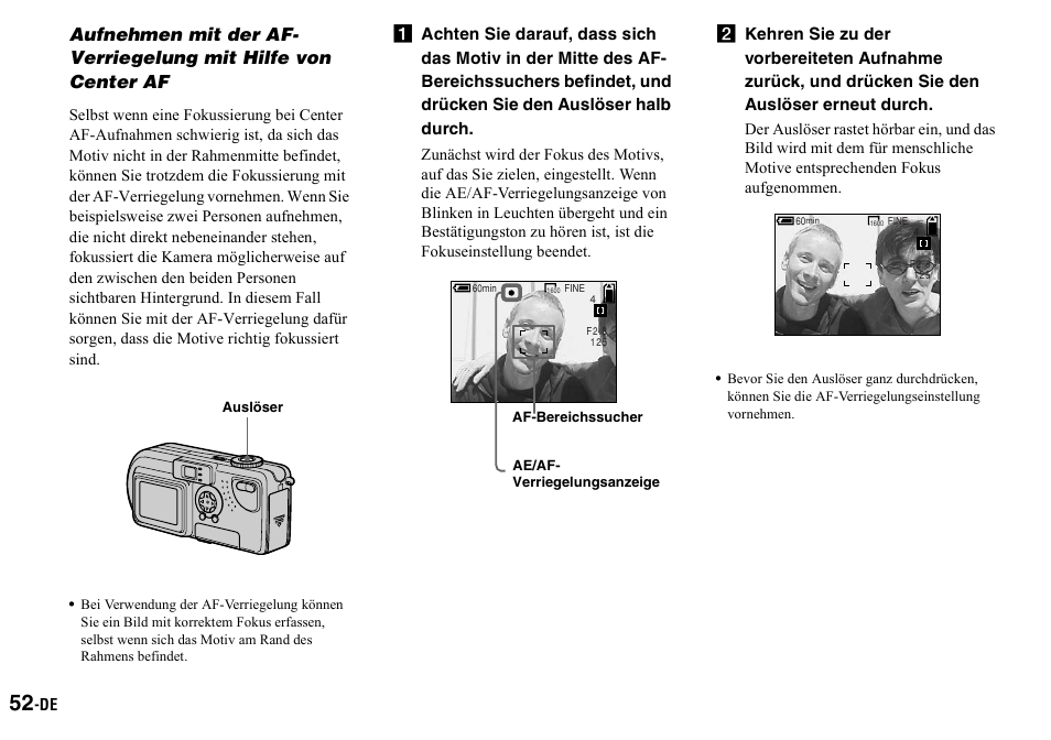 Aufnehmen mit der af-verriegelung, Mit hilfe von center af | Sony DSC-P2 User Manual | Page 154 / 208