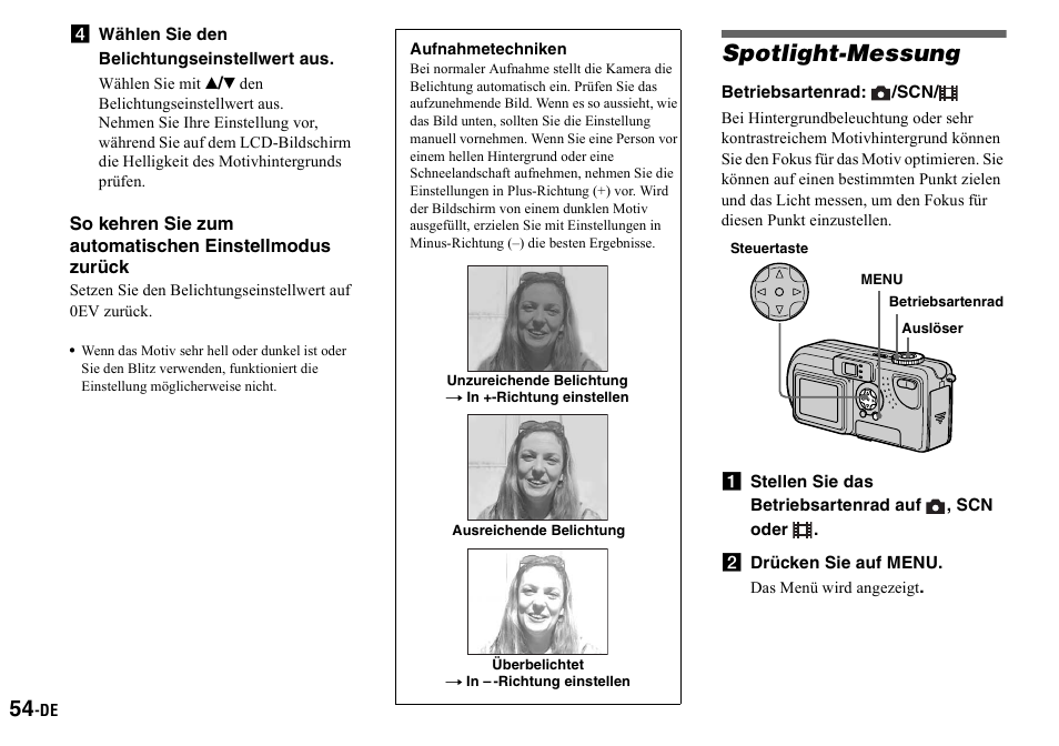 D wählen sie den belichtungseinstellwert aus, Aufnahmetechniken, Spotlight-messung | A stellen sie das betriebsartenrad auf , scn oder, B drücken sie auf menu | Sony DSC-P2 User Manual | Page 156 / 208