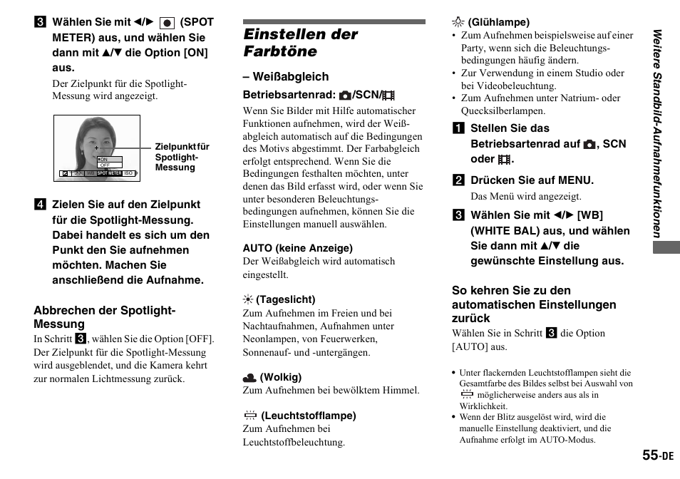 Einstellen der farbtöne, Auto (keine anzeige), Tageslicht) | Wolkig), Leuchtstofflampe), Glühlampe), A stellen sie das betriebsartenrad auf , scn oder, B drücken sie auf menu, Weißabgleich) | Sony DSC-P2 User Manual | Page 157 / 208