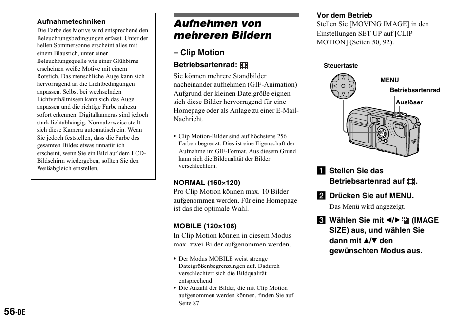 Aufnahmetechniken, Aufnehmen von mehreren bildern, Normal (160°120) | Mobile (120°108), Vor dem betrieb, A stellen sie das betriebsartenrad auf, B drücken sie auf menu, Clip motion) | Sony DSC-P2 User Manual | Page 158 / 208