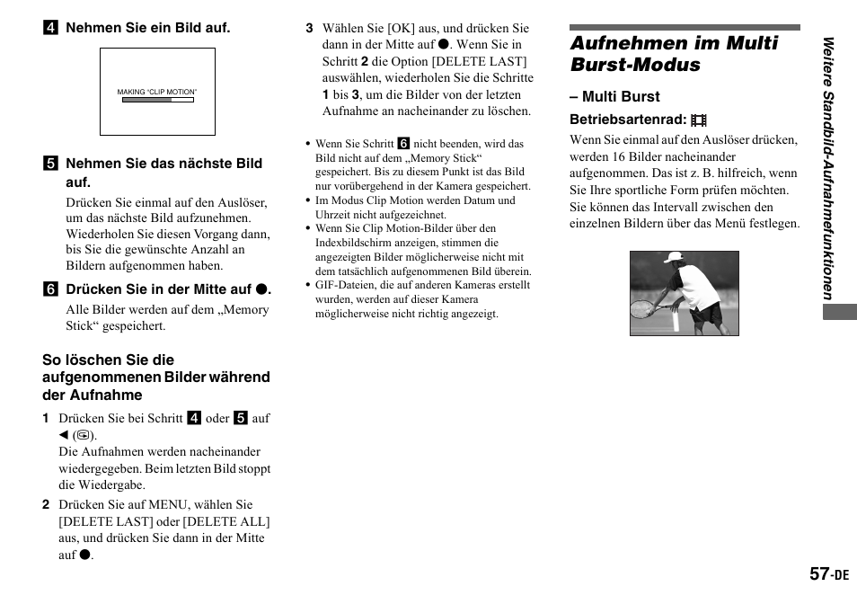 D nehmen sie ein bild auf, E nehmen sie das nächste bild auf, F drücken sie in der mitte auf z | Aufnehmen im multi burst-modus, Multi burst) | Sony DSC-P2 User Manual | Page 159 / 208