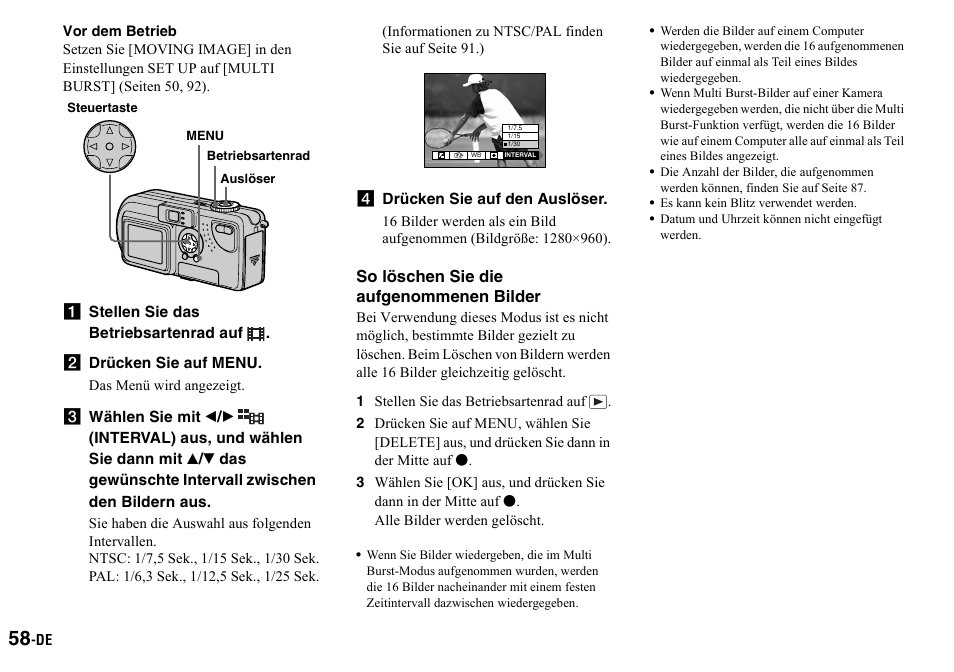Vor dem betrieb, A stellen sie das betriebsartenrad auf, B drücken sie auf menu | D drücken sie auf den auslöser, 1 stellen sie das betriebsartenrad auf | Sony DSC-P2 User Manual | Page 160 / 208